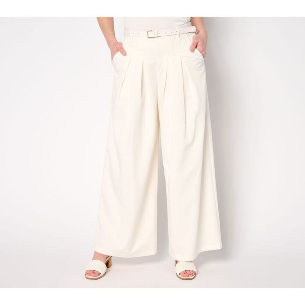 Bernini Women's Petite Pants PL Belted Wide Leg Pleated Trouser White A685074